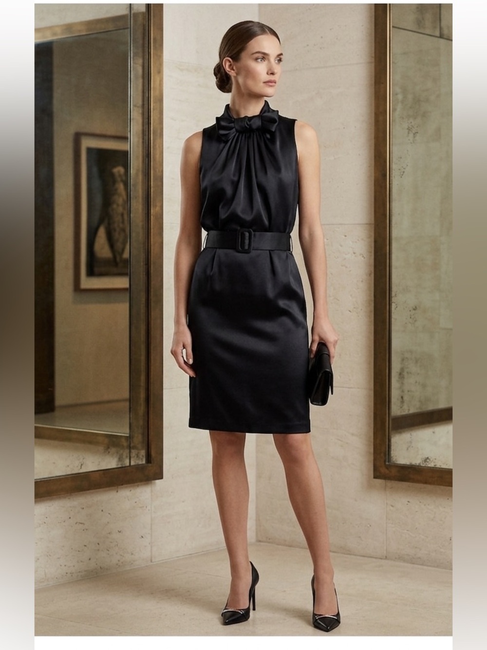 Black silk Satin Mini Dress with Belt